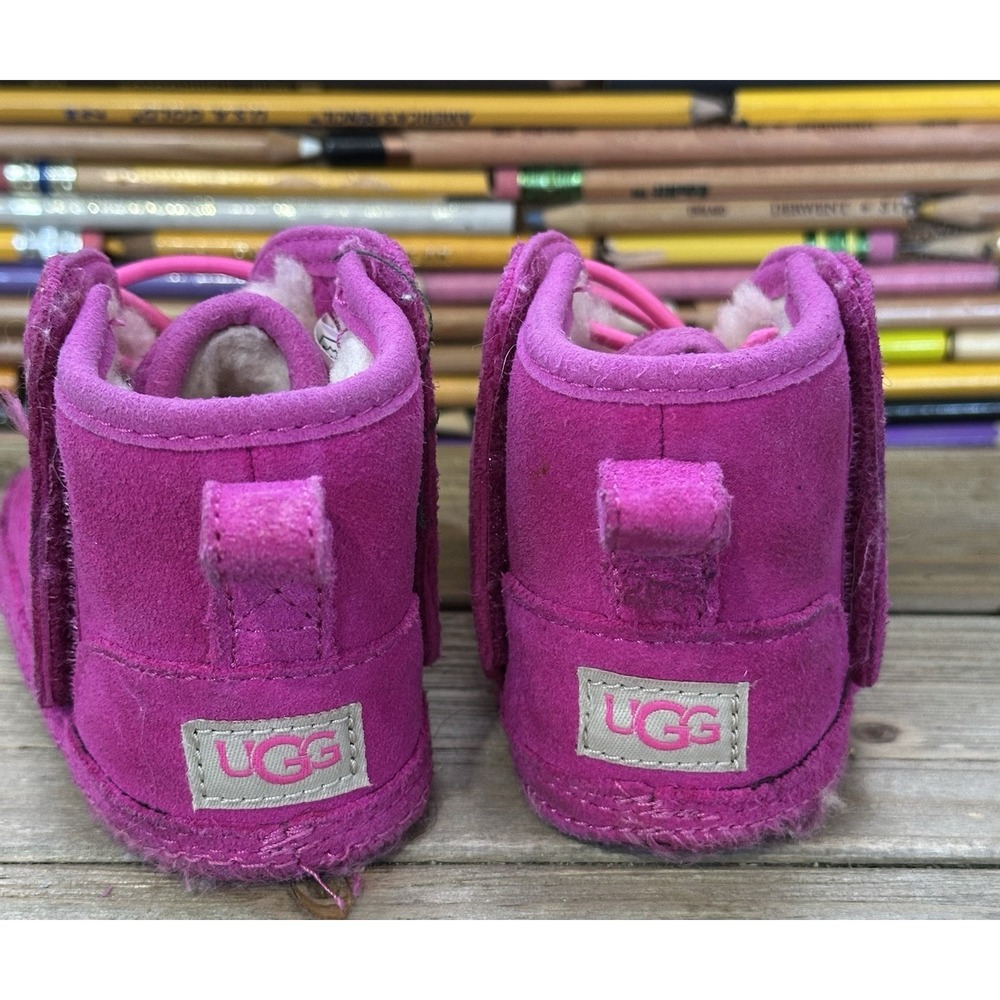 UGG Suede Pink Baby Booties Neumel Colorful Fleece Lined Easy On Off Infant Sz 5